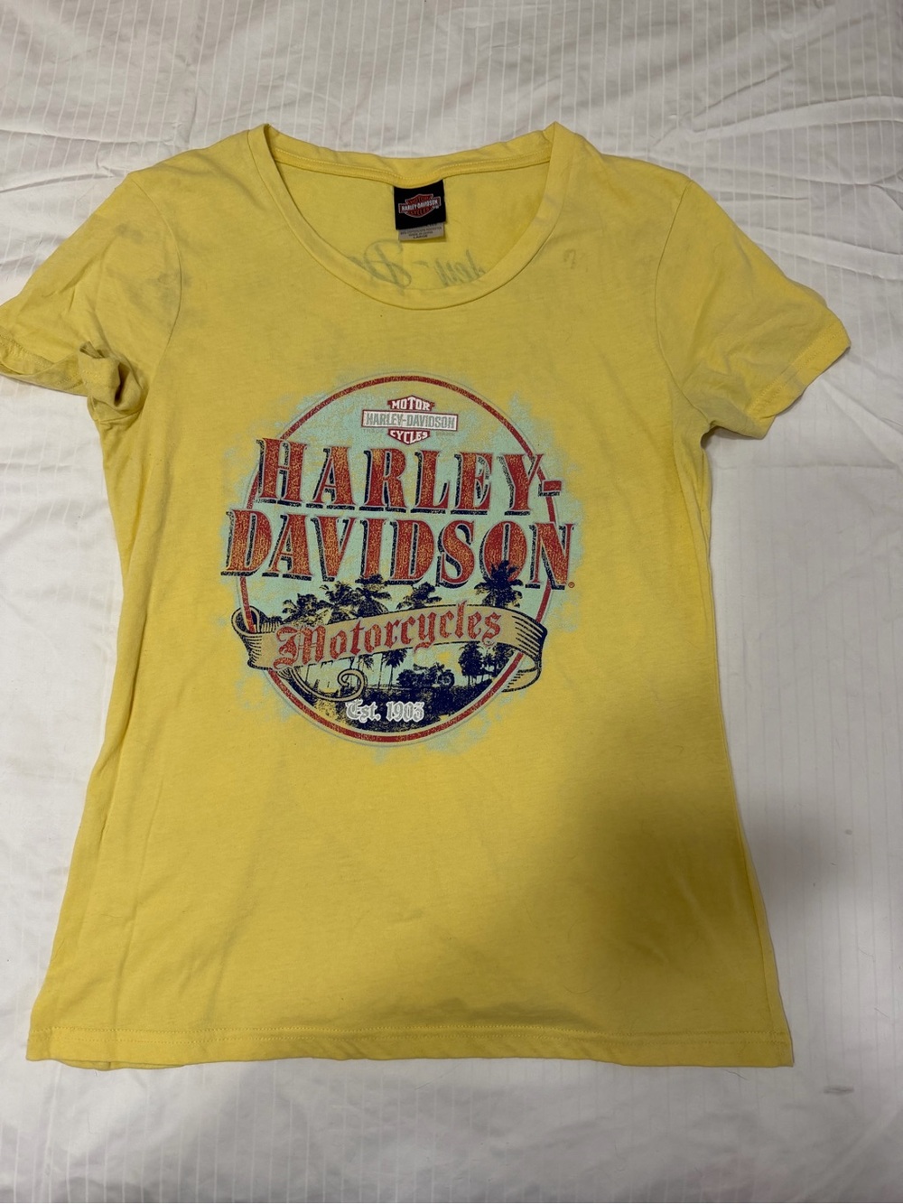 Harley-Davidson Yellow Graphic Tee with Red and Blue Logo